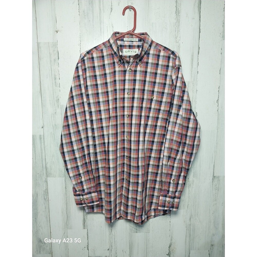 Orvis Button Down Shirt Long Sleeve Pink Blue Plaid Men’s Size Medium